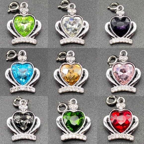 Jeweled Heart Rhinestone Crown Charm on Silver - Picture 1 of 12